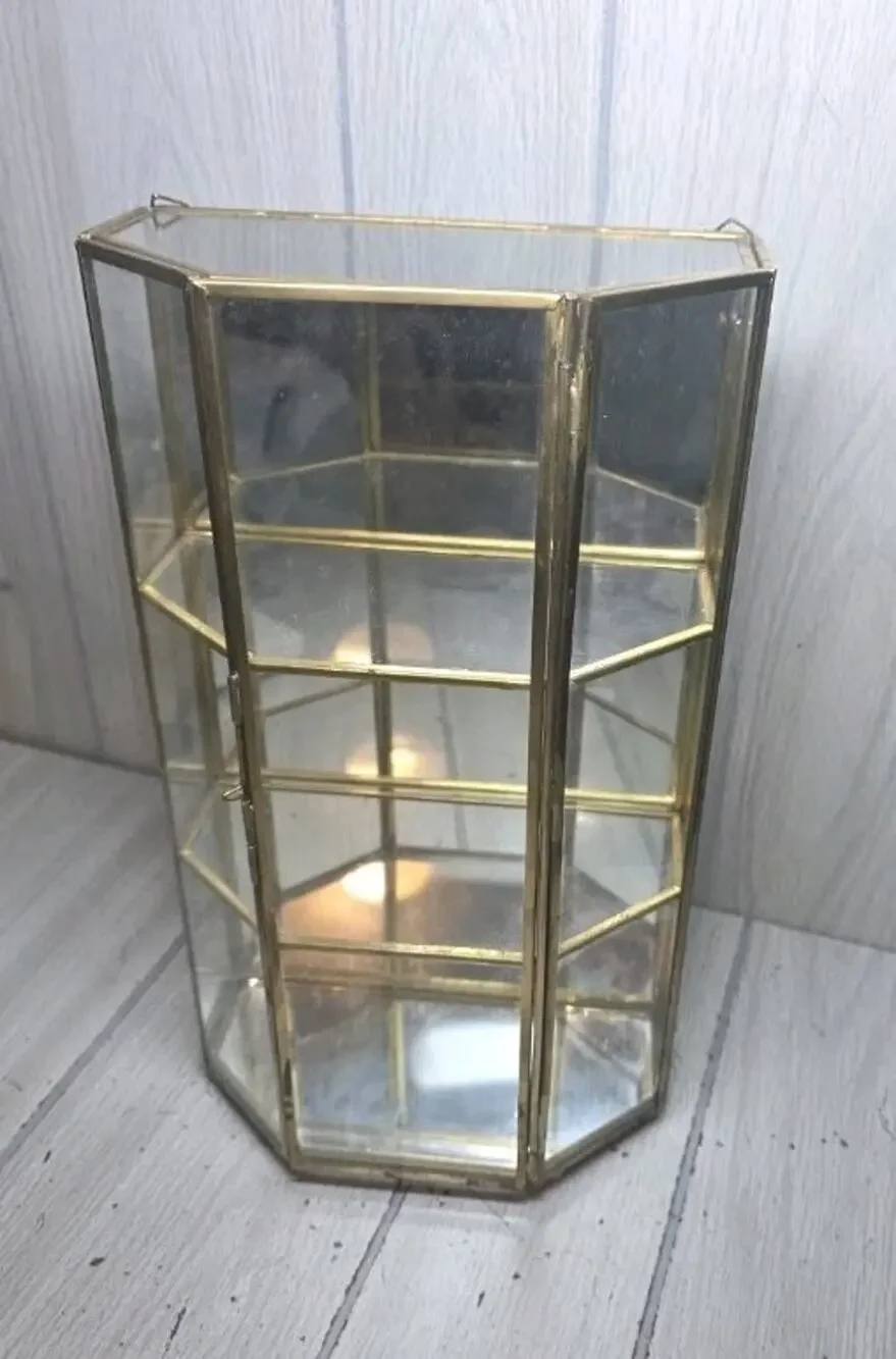 Vtg Glass Mirror Brass Curio Trinket Display Cabinet 3 Shelves Miniatures FLAW